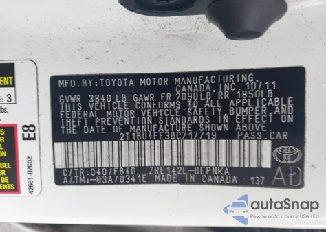 2011 Toyota Corolla Le z USA, uszkodzony, nr VIN 2T1BU4EE3BC717719